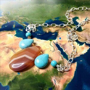 JEWELRY SET!!! Handmade Agate + Aqua Howlite! Necklace + Dangle Earrings Set!